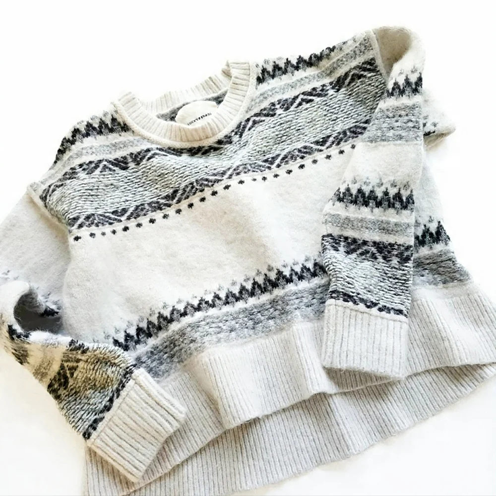 Lucky Brand Ivory and Charcoal Knit Peplem Fair Isle Sweater Alpaca Wool